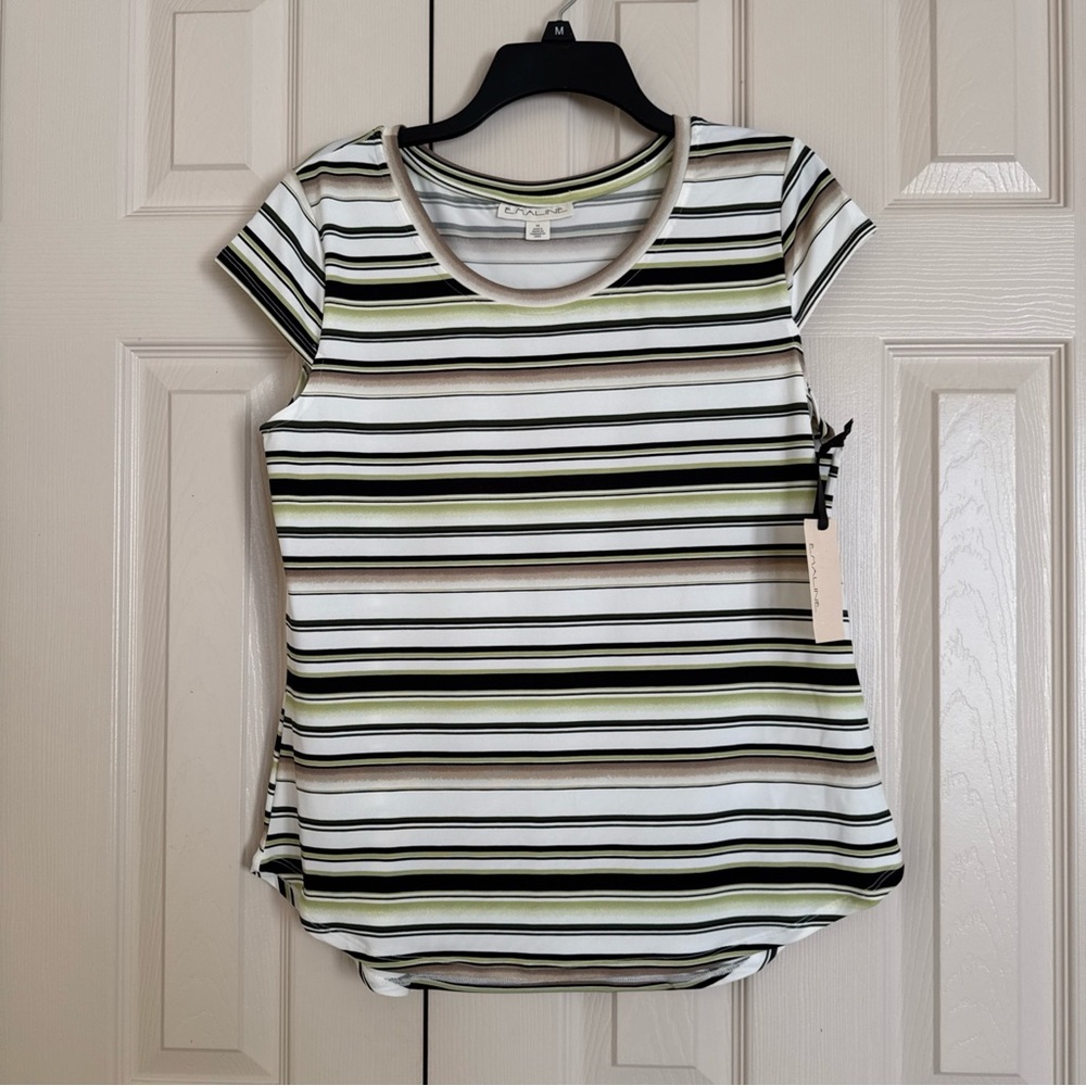 Emaline Top Women Multicolor Stripe Blouse Cap Sleeve Knit Round Neck Stretch-M